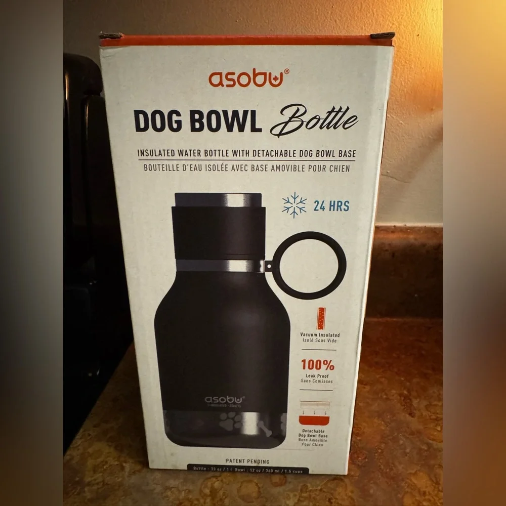 Asobu Dog Bowl Attached to Stainless Steel Insulated Travel Bottle 33 oz Black